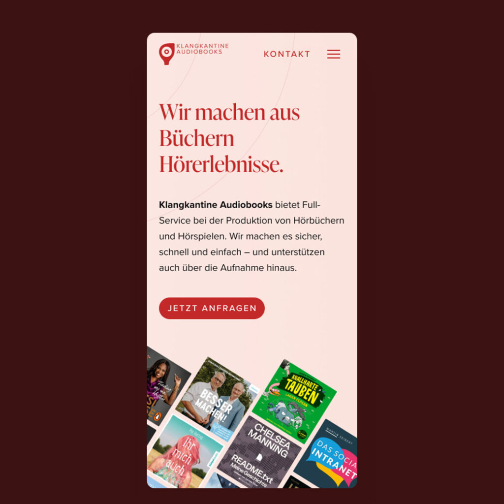 Mobile screen design from KLANGKANTINE Studios' landing page for Audiobook Productions