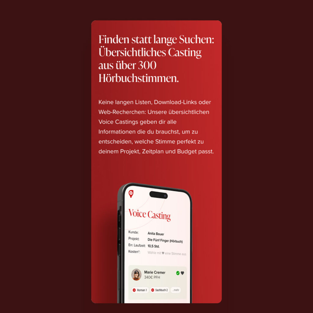 Mobile screen design from KLANGKANTINE Studios' landing page for Audiobook Productions