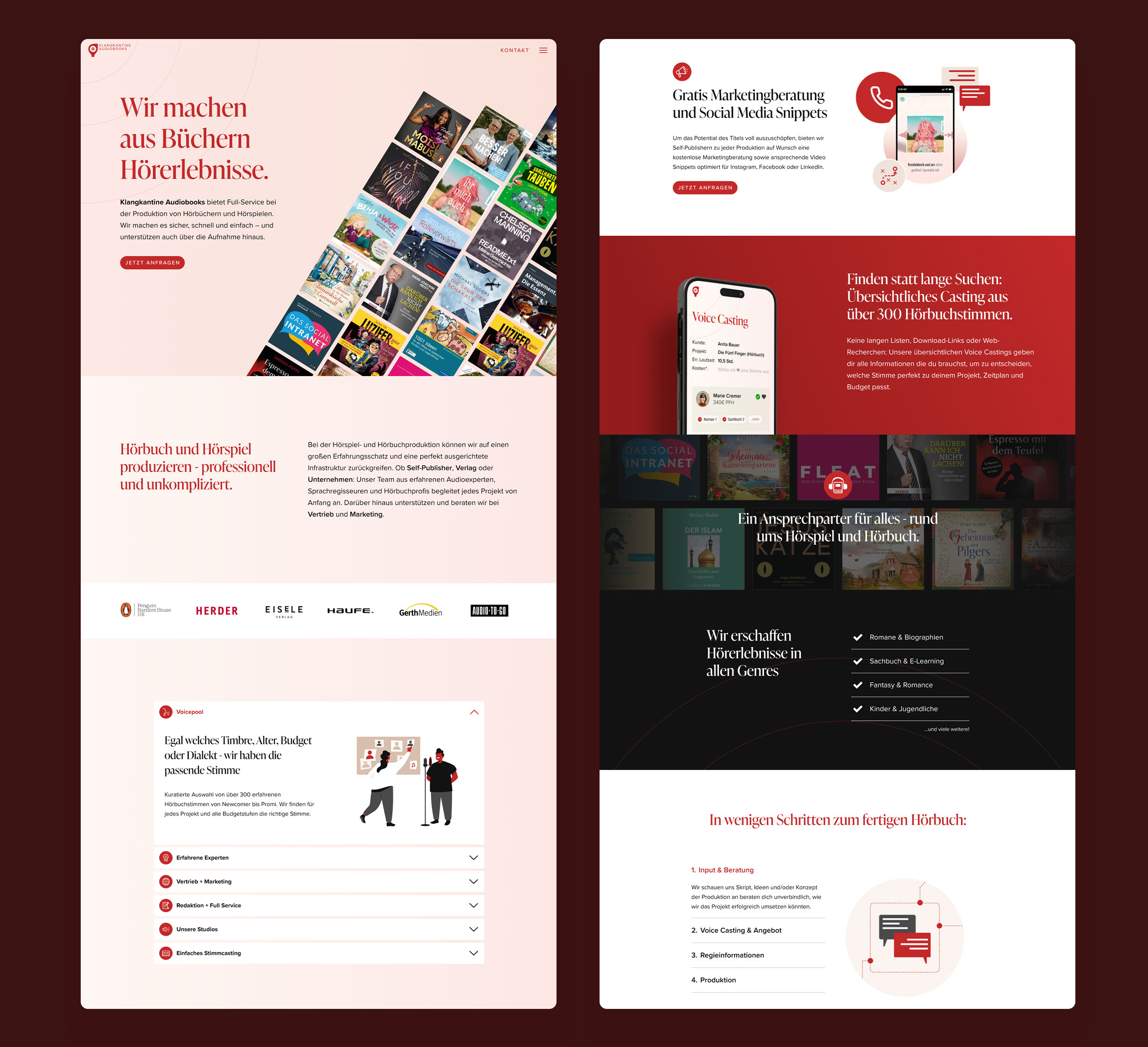 Screen designs from KLANGKANTINE Studios' landing page for Audiobook Productions