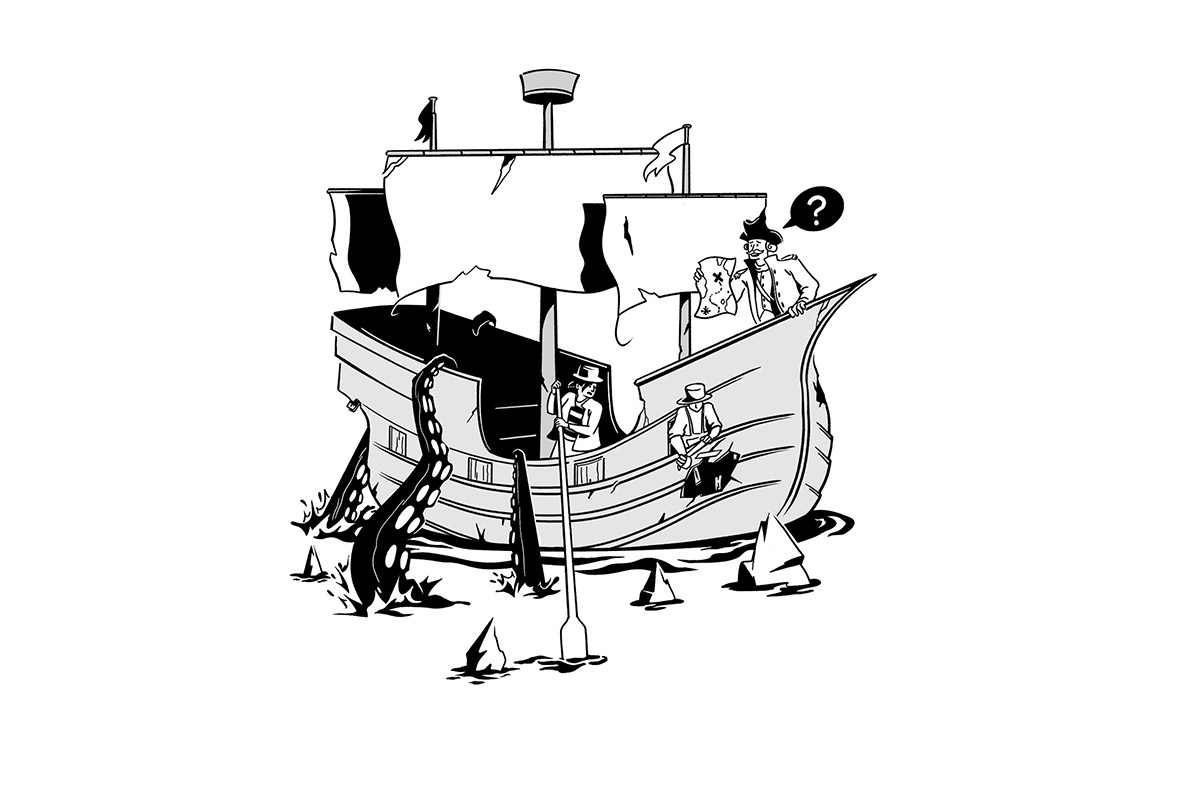 DNO start page illustration featuring a stuck and lost ship, being attacked by an octopus