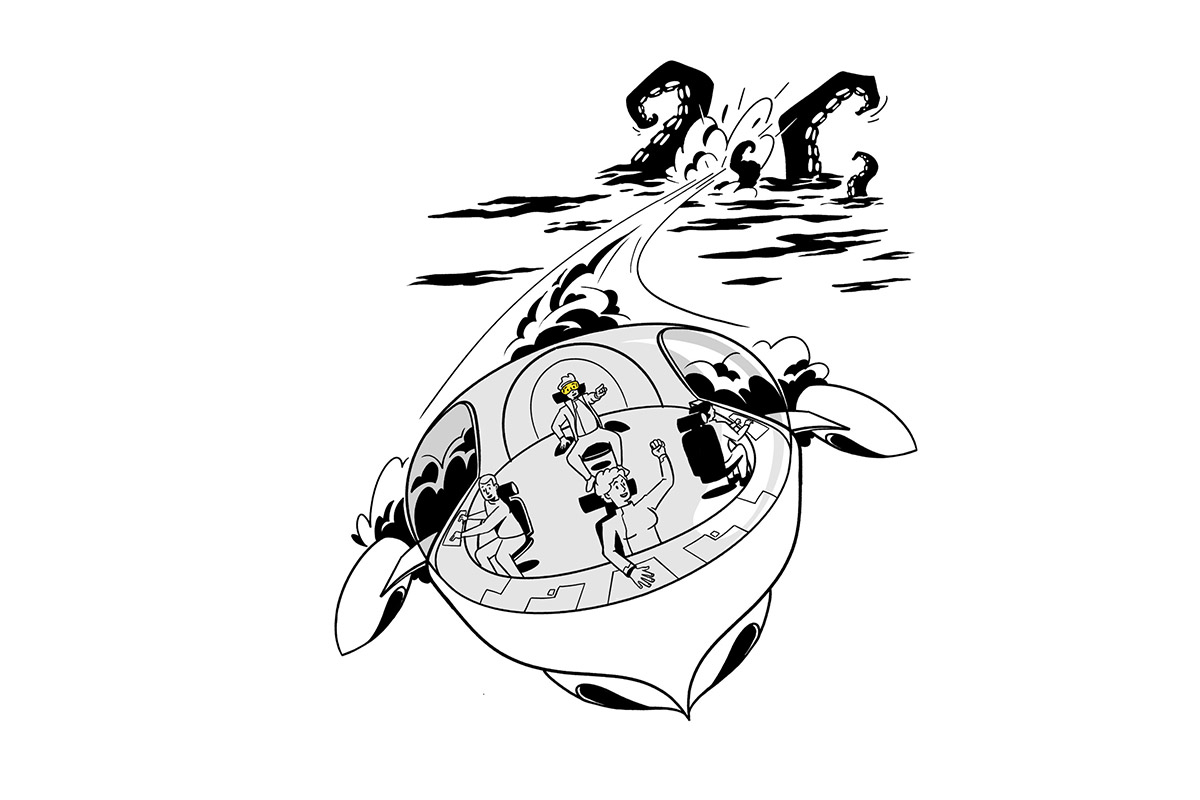 Illustration for the DNO start page showcasing the liftoff of a spacecraft from the sea.